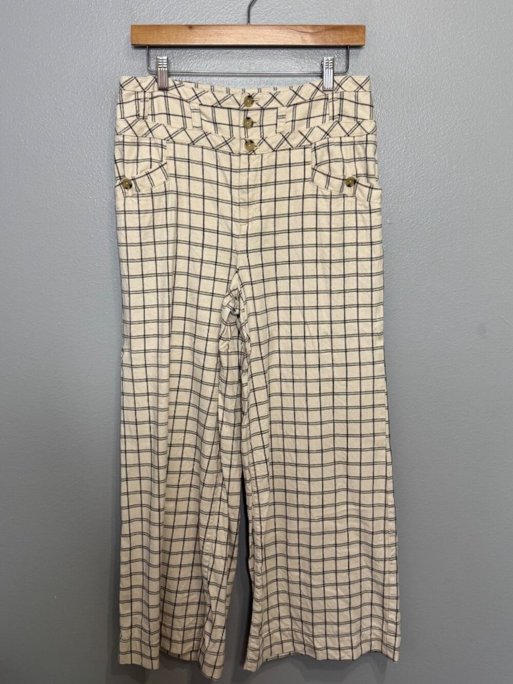 ANTHROPOLOGIE linen blend wide leg plaid trousers size 8P Petite - Picture 2 of 7